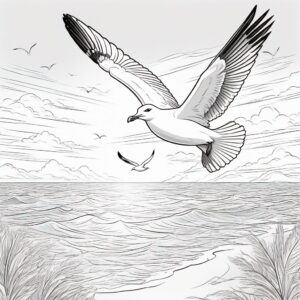 Seagulls soar: aerial dance in the sky coloring page