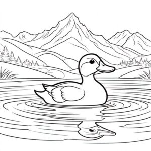 Lake, mountains, amazing duck reflection coloring page