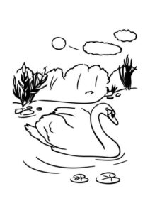 Serene swan trio amidst lily pads coloring page