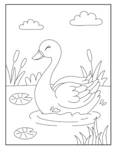 Serene white swan amidst blooming pond coloring page