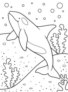 Shark swimming, bubbles & seaweed coloring page