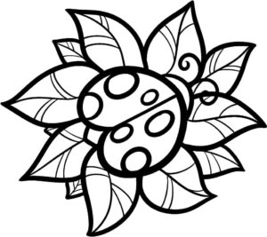 Six-petal flower blooms near swirling leaf coloring page