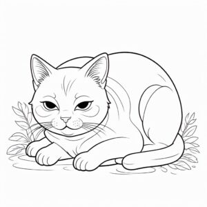 Sleepy cat in autumn leaves coloring page