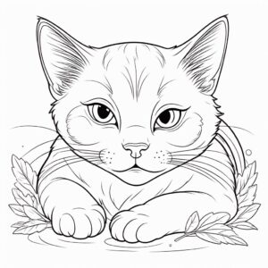 Sleepy cat in autumn leaves coloring page