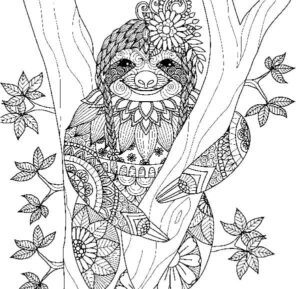 Sloth crowned with flower in ancient tree coloring page