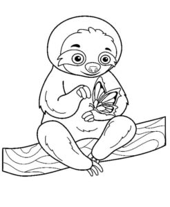 Sloth’s gentle touch: butterfly’s safe haven coloring page