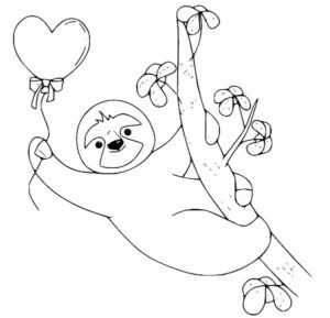 Sloth holds heart-shaped balloon coloring page