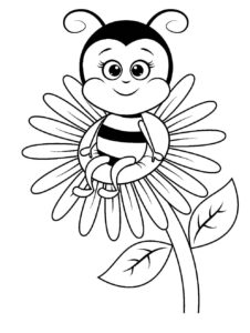 Smiling bee on a flower coloring page