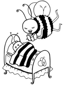 Smiling bee reads book in bed coloring page