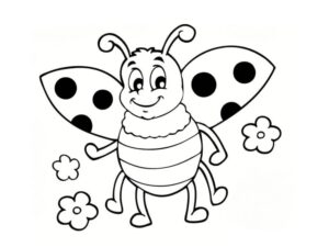 Smiling bee, two flowers bloom coloring page