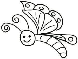 Smiling butterfly soars with open wings coloring page