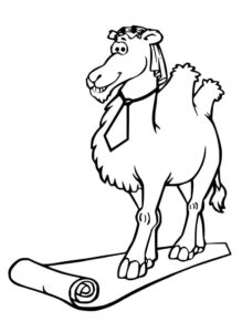 Smiling camel in desert hat coloring page