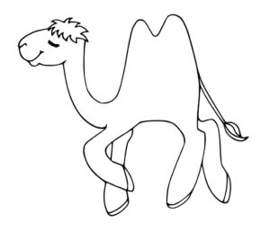 Smiling camel walks desert dunes coloring page