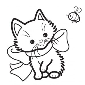 Smiling cat, scarf, buzzing bee coloring page