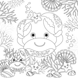 Smiling crab’s underwater friends coloring page