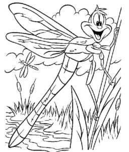 Smiling dragonfly holds stick in pond coloring page