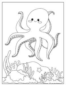 Smiling octopus & crab friends in the sea coloring page