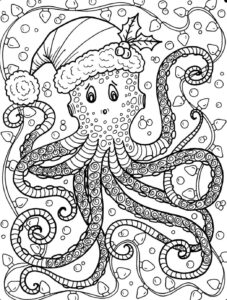 Smiling octopus in santa hat coloring page