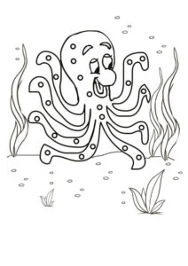 Smiling octopus in seaweed forest coloring page