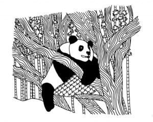 Smiling panda in swirling bamboo tree coloring page