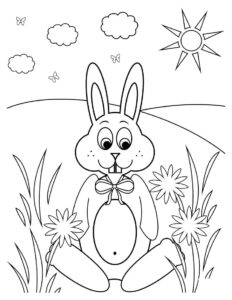 Smiling rabbit in daisy field coloring page