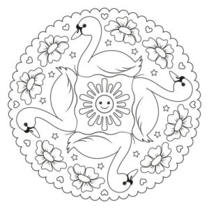 Smiling swans dance in flower circle coloring page