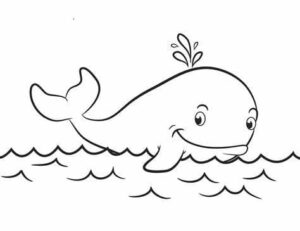 Smiling whale splashes tail in ocean coloring page