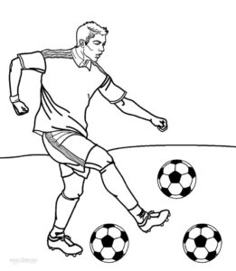 Soccer player’s powerful kick: 3 balls down coloring page