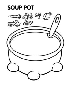 Carrot, mushroom, pear in soup coloring page coloring page