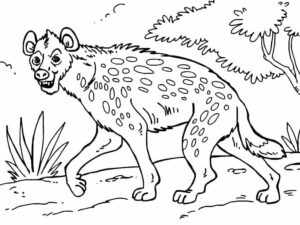 Spotted hyena gazes down forest path coloring page