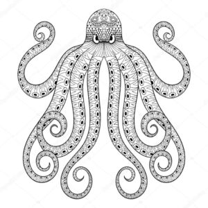 Spotted octopus: curled arms on ocean floor coloring page