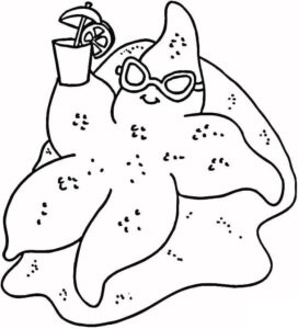 Starfish sips drink with goggles coloring page