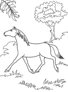 Sun-dappled horse in verdant meadow coloring page