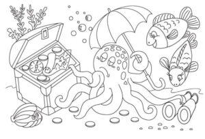 Surreal foodscape: suitcase, fish, clock coloring page