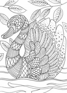 Swan’s intricate feathers amidst autumn leaves coloring page