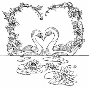 Swans amidst lily tapestry drawing coloring page