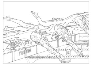 Tattooed swimmer: blur of motion in race coloring page