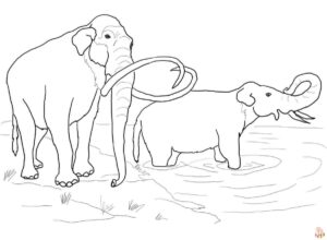 Two mammoths bathing coloring page