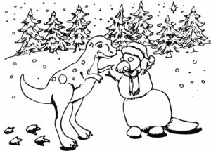 Unlikely Friendship: Dinosaur and Bear Bond in Winter Wonderland coloring page