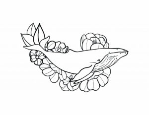 Whale blooms with flowers on back coloring page