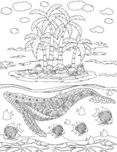 Whale, palm tree, clouds: nature’s beauty coloring page