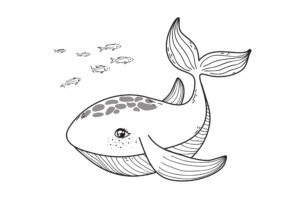 Whale surrounded by fish: amazing sight coloring page