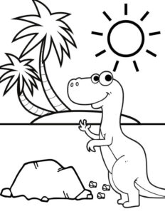 Whimsical Cartoon Dinosaur on Sandy Beach: A Peaceful Scene coloring page