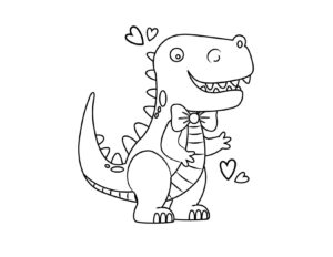 Whimsical Dinosaur Drawing with Bow Tie and Hearts: A Storybook Scene coloring page