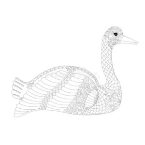 White swan with swirling patterns watches coloring page