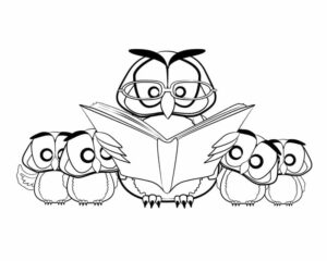 Wise owls gather around ancient book coloring page