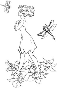 Woman in white dress, garden bliss coloring page