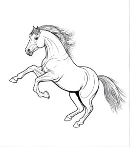 Young horse leaps, tail whips in wind coloring page