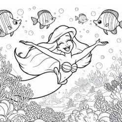 Ariel, the mermaid, smiles with friends coloring page