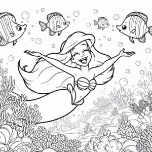 Ariel, the mermaid, smiles with friends coloring page coloring page